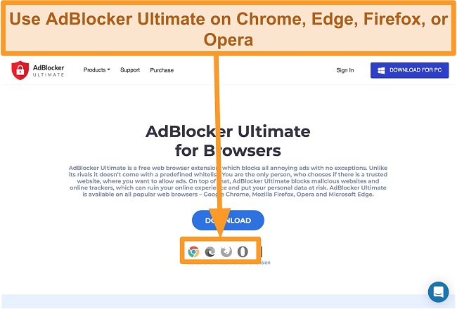 Screenshot of AdBlocker Ultimate website displaying the 4 web browser extensions available