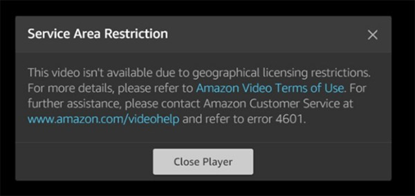Cuplikan layar Video Utama kesalahan memblokir akses ke pengguna di luar wilayah berlisensi geografis