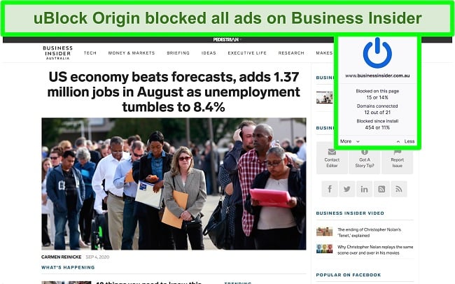 Screenshot of uBlock Origin blocking all ads on Business Insider