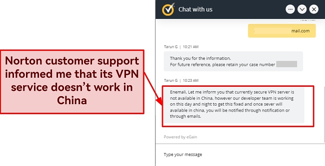 Screenshot of Norton support informing me that its VPN doesn't work in China
