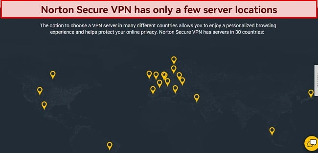 Screenshot of Norton Secure VPN server map