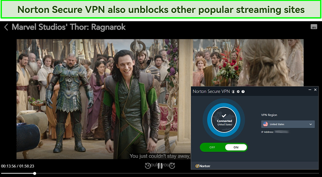 Screenshot of Norton Secure VPN unblocking popular streaming sites