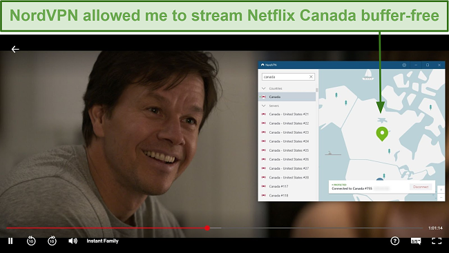 Screenshot of NordVPN unblocking Netflix Canada while playing Instant Family