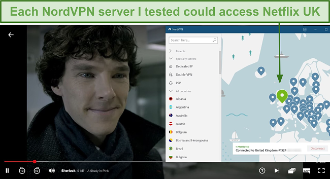 Screenshot of NordVPN unblocking Netflix UK while playing Sherlock