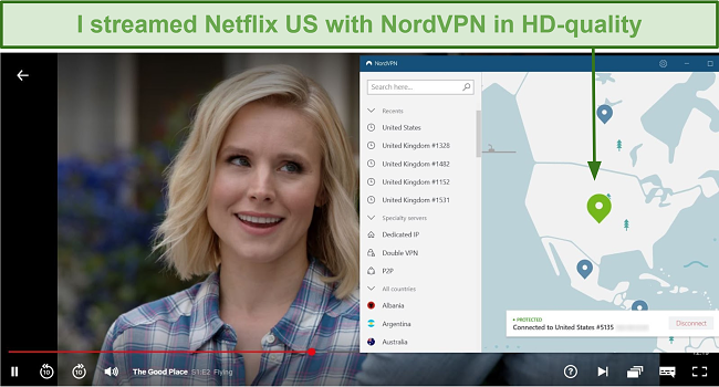 Screenshot of The Good Place streaming on Netflix with NordVPN connected to a US server
