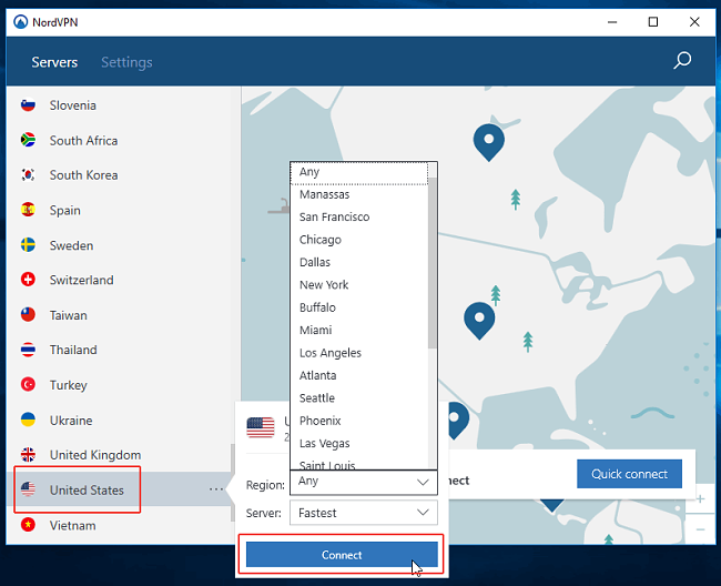 Nordvpn connect US server