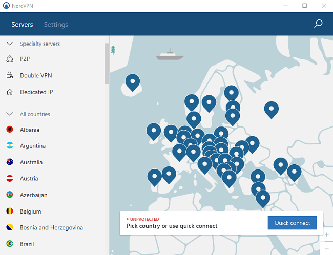 Screenshot of NordVPN desktop app interface showing NordVPN's list of servers