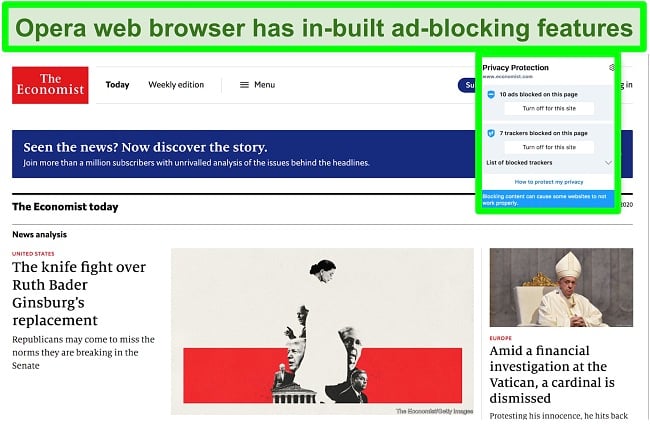 Screenshot of Opera brower's in-built ad blocker removing ads from TechCrunch website