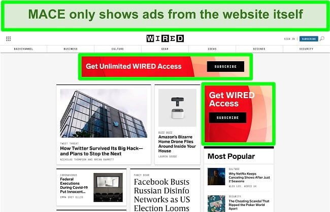 Screenshot of MACE blocking most ads on Wired website