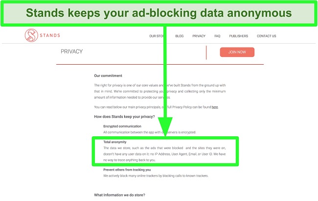 Screenshot of Stands website stating that the data it has about ads blocked is never linked to users' personal information