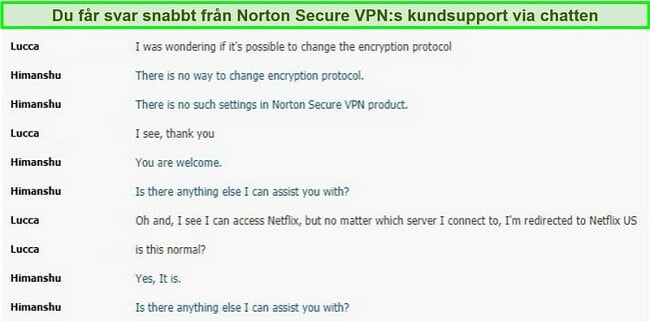 Skärmdump av en livechattkonversation med Norton Secure VPN-support.
