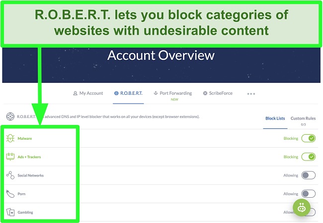 Screenshot of Winscribe settings page displaying options to block ads, malware, and categories of websites