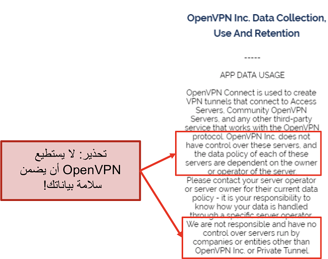 لقطة شاشة لسياسة خصوصية OpenVPN.