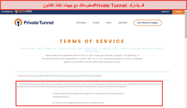 لقطة شاشة لشروط خدمة Private Tunnel