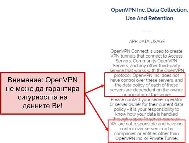 екранна снимка на политиката за поверителност на OpenVPN.