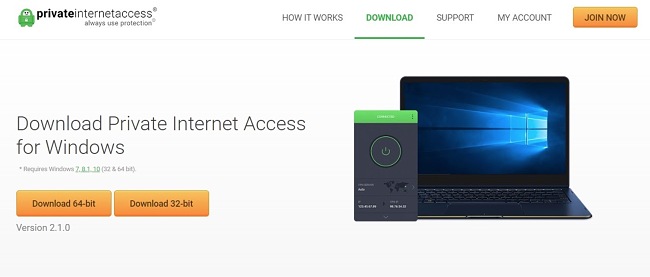 Tangkapan layar situs web PIA dan petunjuk unduhan untuk Windows.