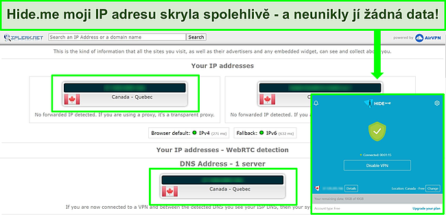 Snímek obrazovky s výsledky testu IP Leak společnosti Hide.me při připojení k serveru v Kanadě
