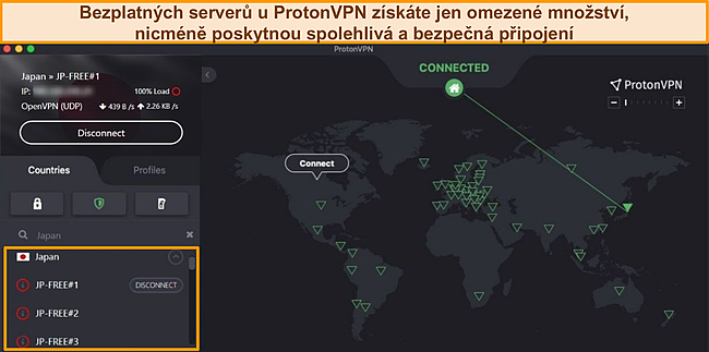 Snímek obrazovky ProtonVPN připojeného k bezplatnému serveru v Japonsku.