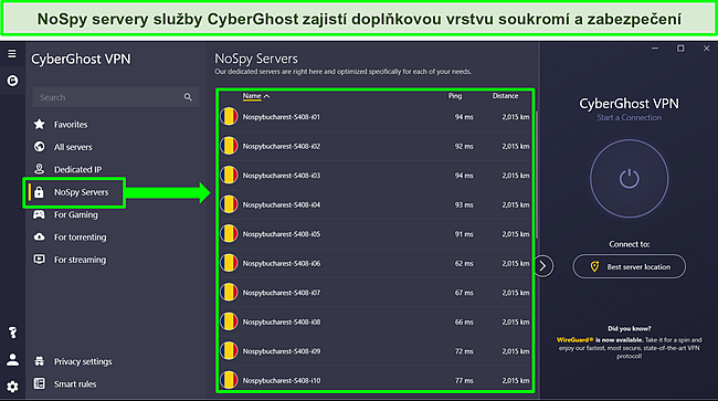 Snímek obrazovky aplikace CyberGhost pro Windows zobrazující seznam serverů NoSpy.