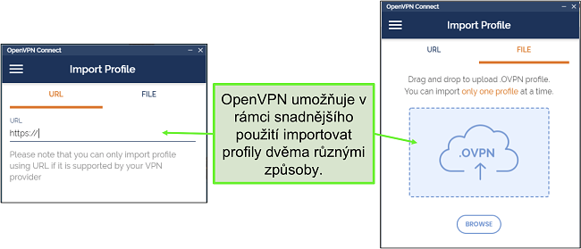 Screenshot ze dvou způsobů, jak můžete importovat profily serveru do uživatelského rozhraní OpenVPN.