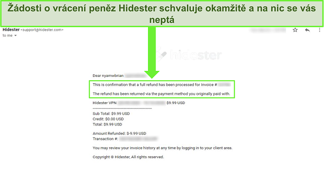 Screenshot podpory Hidesteru, která schvaluje vrácení peněz