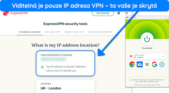 Snímek obrazovky nástroje Kontrola IP adresy ExpressVPN, který ukazuje, že ExpressVPN skrývá skutečnou IP a nahrazuje ji serverem ze Spojeného království – Londýna.