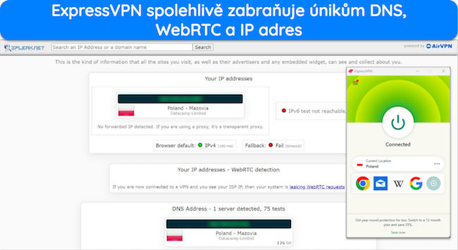 Obrázek výsledků testu těsnosti s ExpressVPN připojeným k polskému serveru.