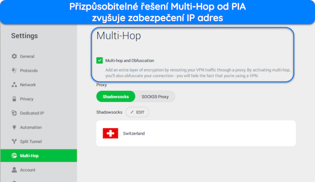 Snímek obrazovky aplikace PIA pro Windows se zvýrazněním funkce Multi-Hop.