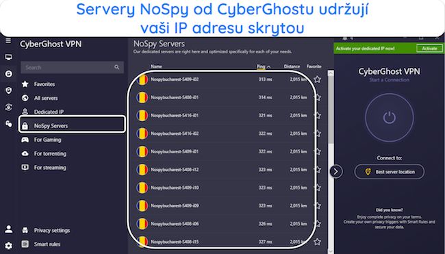 Snímek obrazovky serverů NoSpy CyberGhost v aplikaci Windows.