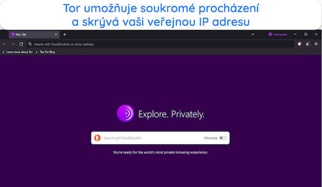 Snímek obrazovky domovské stránky prohlížeče Tor