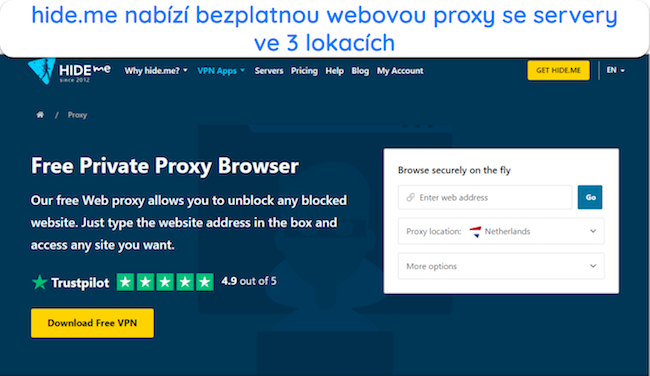 Snímek obrazovky bezplatné webové stránky proxy prohlížeče hide.me.