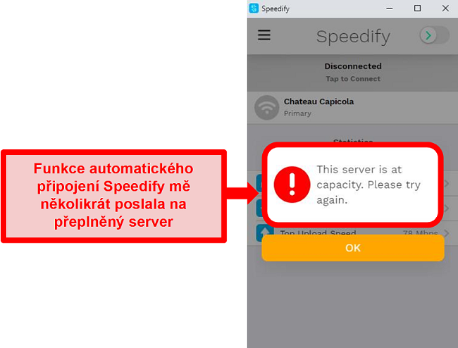 Screenshot uživatelského rozhraní Speedify zobrazující chybovou zprávu, že server je vyčerpán