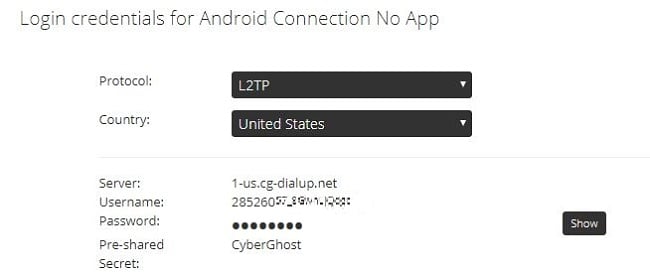 Screenshot of step 8 on How to Install CyberGhost without an App on Android showing login credentials