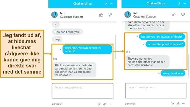 Skærmbilleder af en live chatsamtale med en hide.me-agent