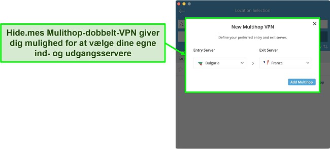 Skærmbillede af oprettelse af en Multihop dobbelt VPN-forbindelse på hide.me's MacOS-app