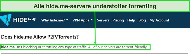 Skærmbillede af hide.me's ofte stillede spørgsmål, der bekræfter, at VPN understøtter torrenting