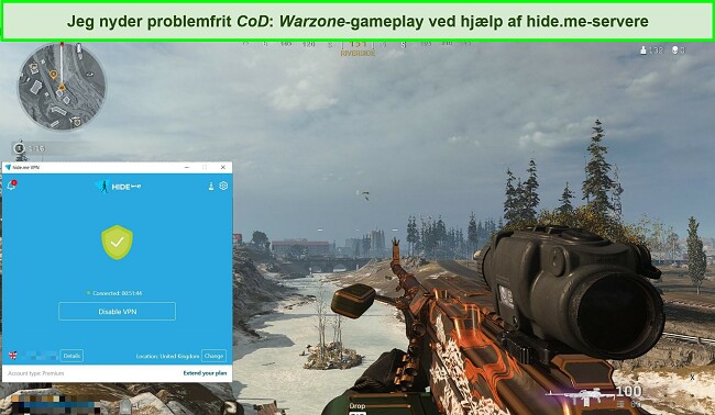 Skærmbillede af Call of Duty: Warzone-gameplay med hide.me-serverforbindelse