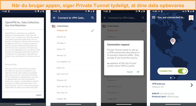 Skærmbillede af den private tunnel-app, der viser dataindsamlings-, brugs- og opbevaringspolitikken, herunder en popup, der afslører, at en netværksforbindelse overvåges.