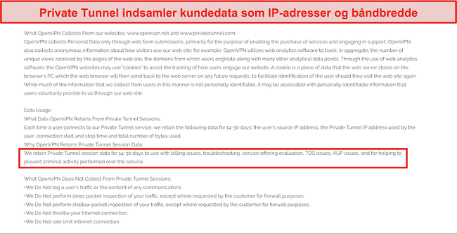 Skærmbillede af Private Tunnels dataindsamlings-, opbevarings- og brugspolitik.