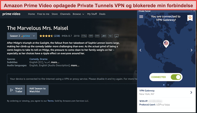 Skærmbillede af Amazon Prime, der blokerer for privat tunnel