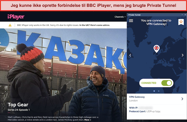 Skærmbillede af BBC iPlayer, der blokerer for privat tunnel