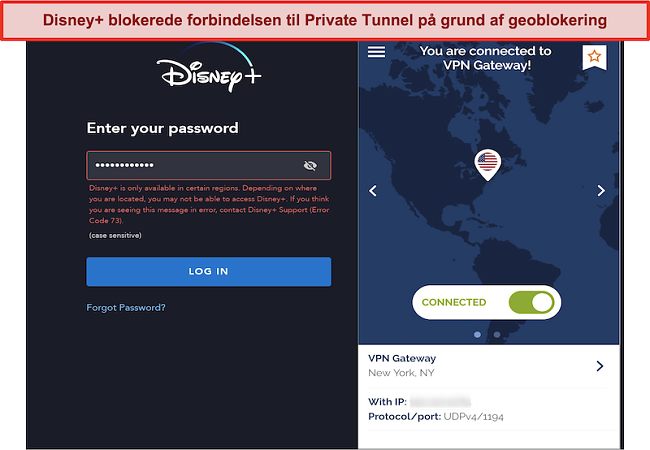 Skærmbillede af Disney + blokering af en privat tunnelforbindelse