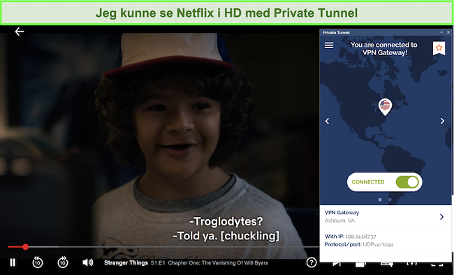 skærmbillede af Netflix, der spiller Stranger Things, mens der er forbindelse til VA-serveren