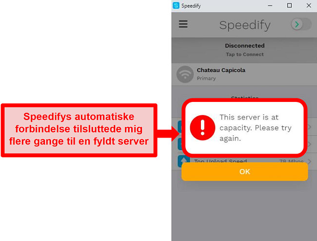 Skærmbillede af Speedifes brugergrænseflade, der viser en fejlmeddelelse om, at en server har kapacitet