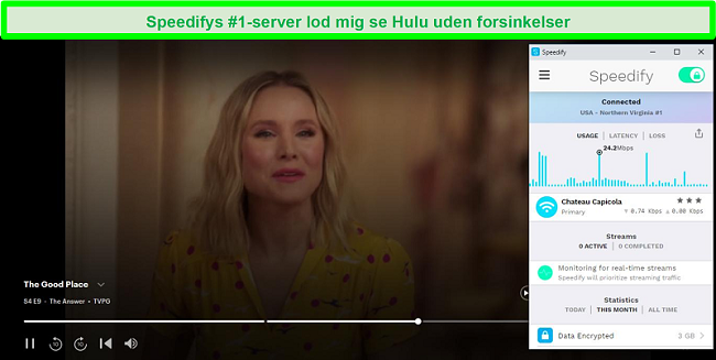 Skærmbillede af Netflix, der spiller Unbreakable Kimmy Schmidt, mens Speedify er tilsluttet en server på spansk