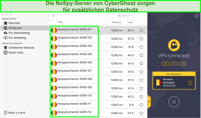 Screenshot der CyberGhost-VPN-Schnittstelle mit den NoSpy-Servern