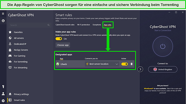 Screenshot der Windows-App von CyberGhost mit geöffnetem Smart Rules-Menü und hervorgehobener Einstellung für App-Regeln.
