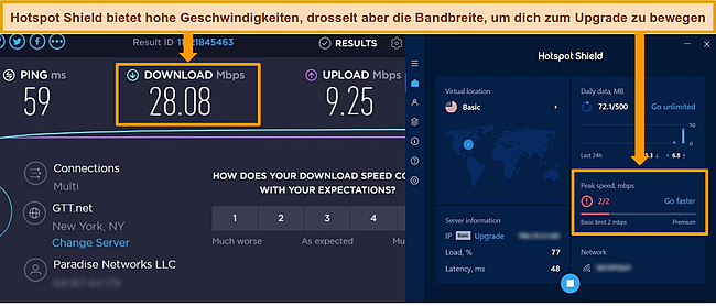 Screenshot von Hotspot Shield, das mit dem kostenlosen Server verbunden ist, mit einem Geschwindigkeitstestergebnis, das Downloadgeschwindigkeiten und Bandbreitendrosselung hervorhebt.