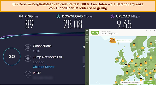 Screenshot von TunnelBear, verbunden mit einem britischen Server, mit dem Ergebnis eines Geschwindigkeitstests von Ookla.