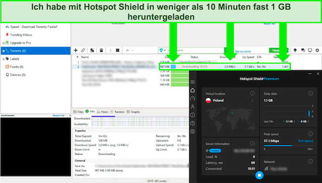 Der kostenpflichtige Plan von Hotspot Shield bot viel bessere Geschwindigkeiten für das Torrenting als die kostenlose Alternative